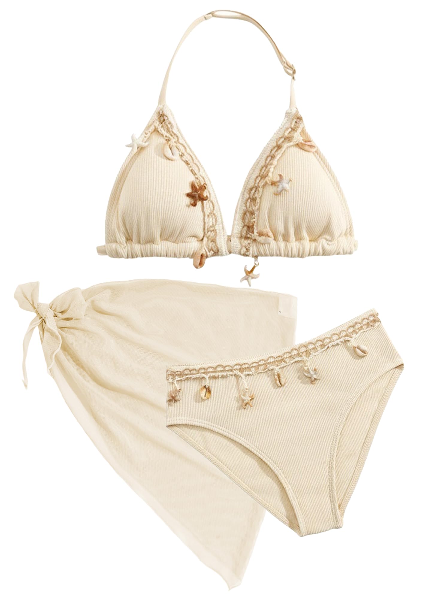 Maeau 3-częściowy kostium kąpielowy dla dziewczynek, bikini top + slipy + spódnica, moda kąpielowa, muszelka, odzież plażowa, 8-12 lat