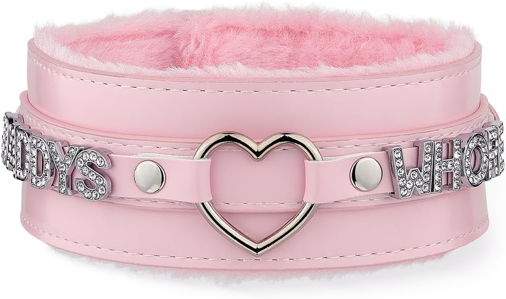 Pink Furry Heart O-ring Leather Choker Collar For Women, Handmade Punk Gothic Letter Necklace Adjustable Fashion Jewerly