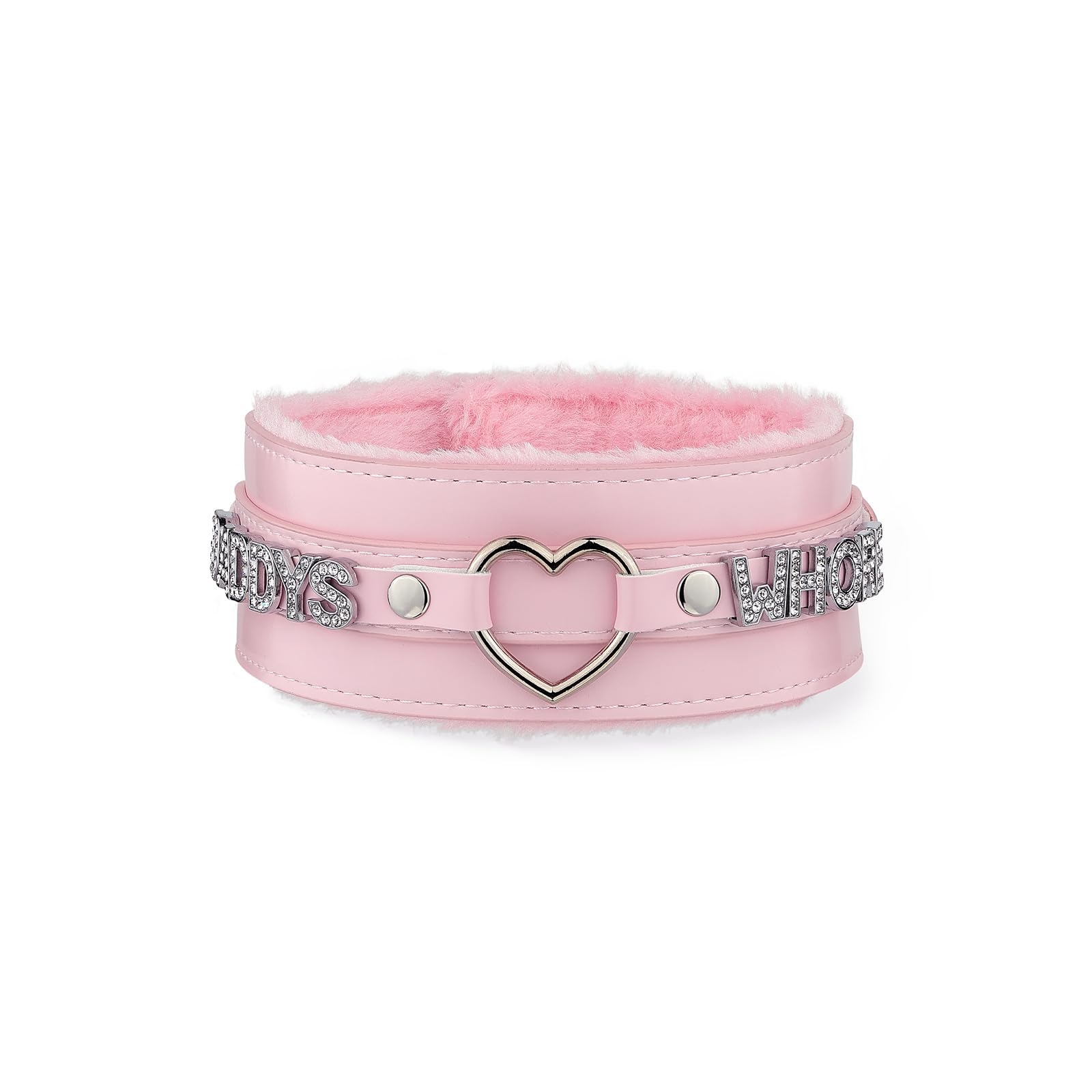 ADEMISHIAPink Furry Heart O-ring Leather Choker Collar For Women, Handmade Punk Gothic Letter Necklace Adjustable Fashion Jewerly