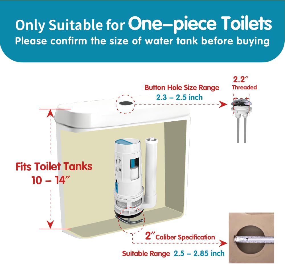 2-Inch Dual Flush Valve Replacement Kit for One-Piece Toilets - Includes 2.2" Threaded Button, 8.2" Flush Valve & Fill Valve - Fits 10-13.5" Tanks with 2.56-2.76" Drain Holes