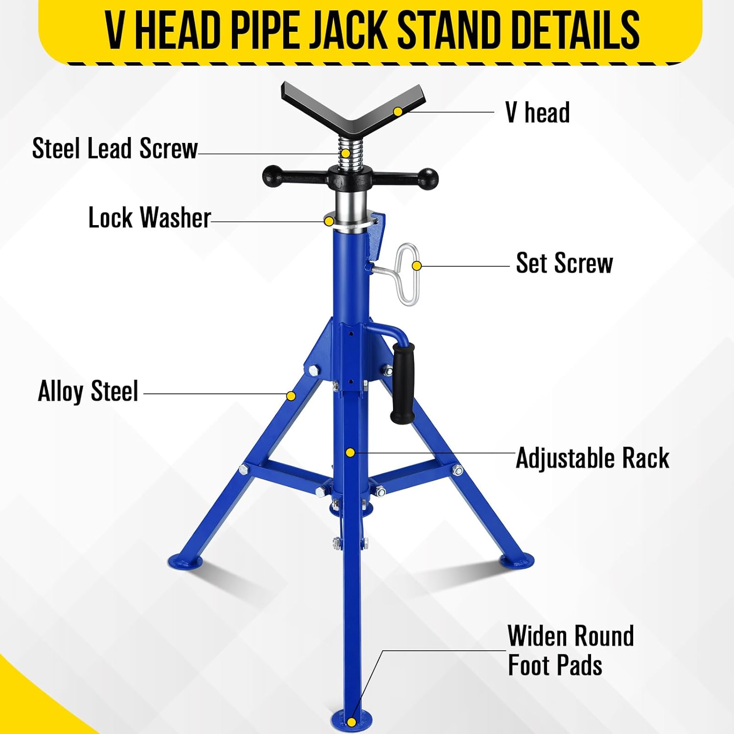 V-Head Pipe Jack Stand, 2500LB Load Capacity Heavy Duty Steel Jack Stands with Folding Legs, 28"-52" Adjustable Height Portable Tripod Pipe Stands for Welding, Pipe Threading