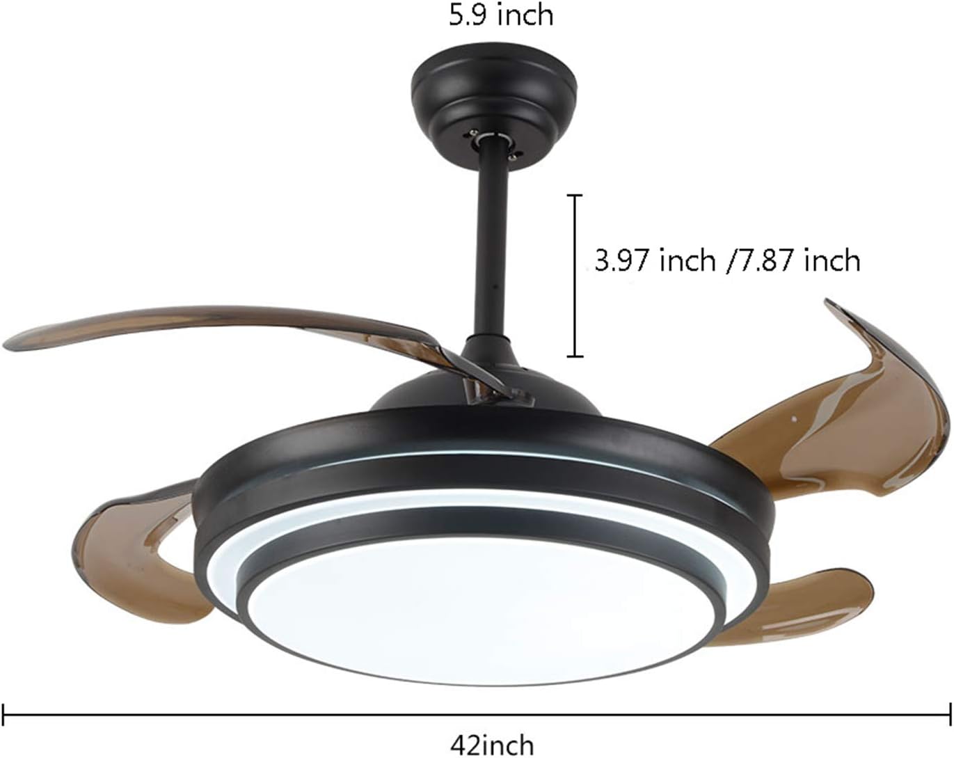 Nеw Arrіvаlѕ 42 Modern LED Invisible Ceiling Fan Lights and Remote 4 Retractable Brown Blades Chandelier Fan lighting for Home Indoor Bedroom Diningroom Livingroom (Black)