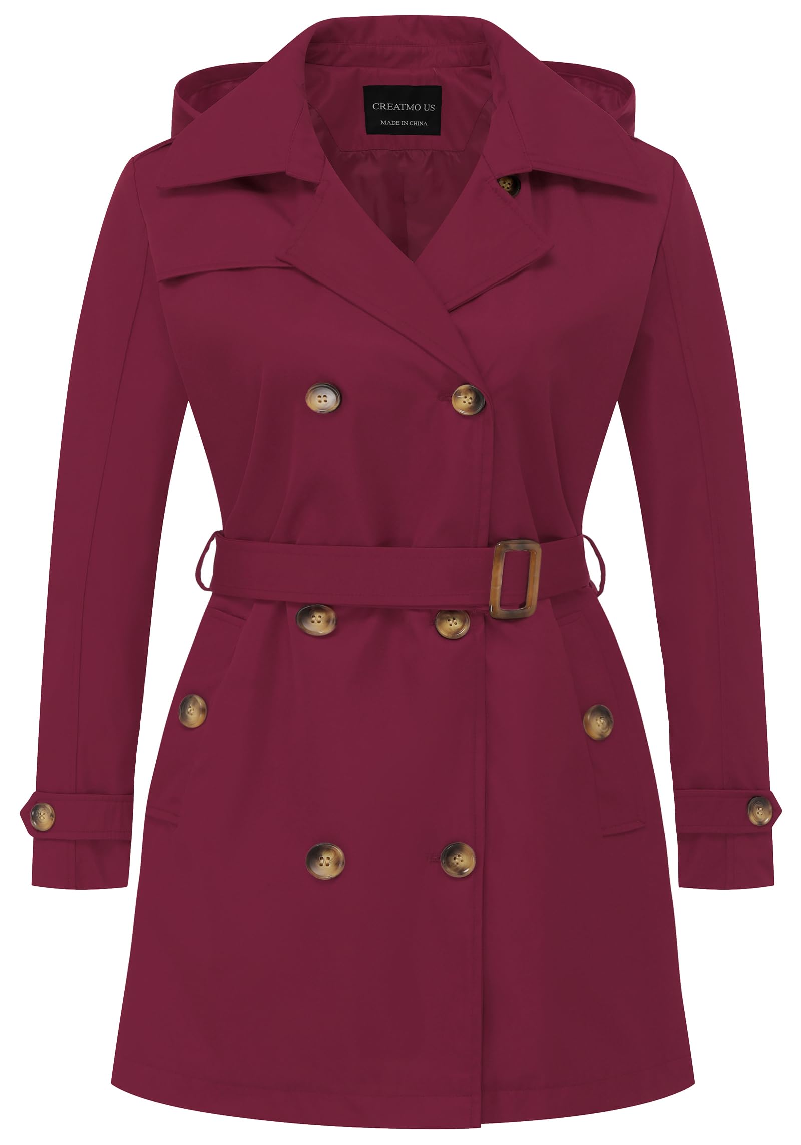 CREATMO US Womens Plus Size Trench Coat Double-Breasted Classic Lapel Overcoat Belted Outerwear Coat with Detachable Hood