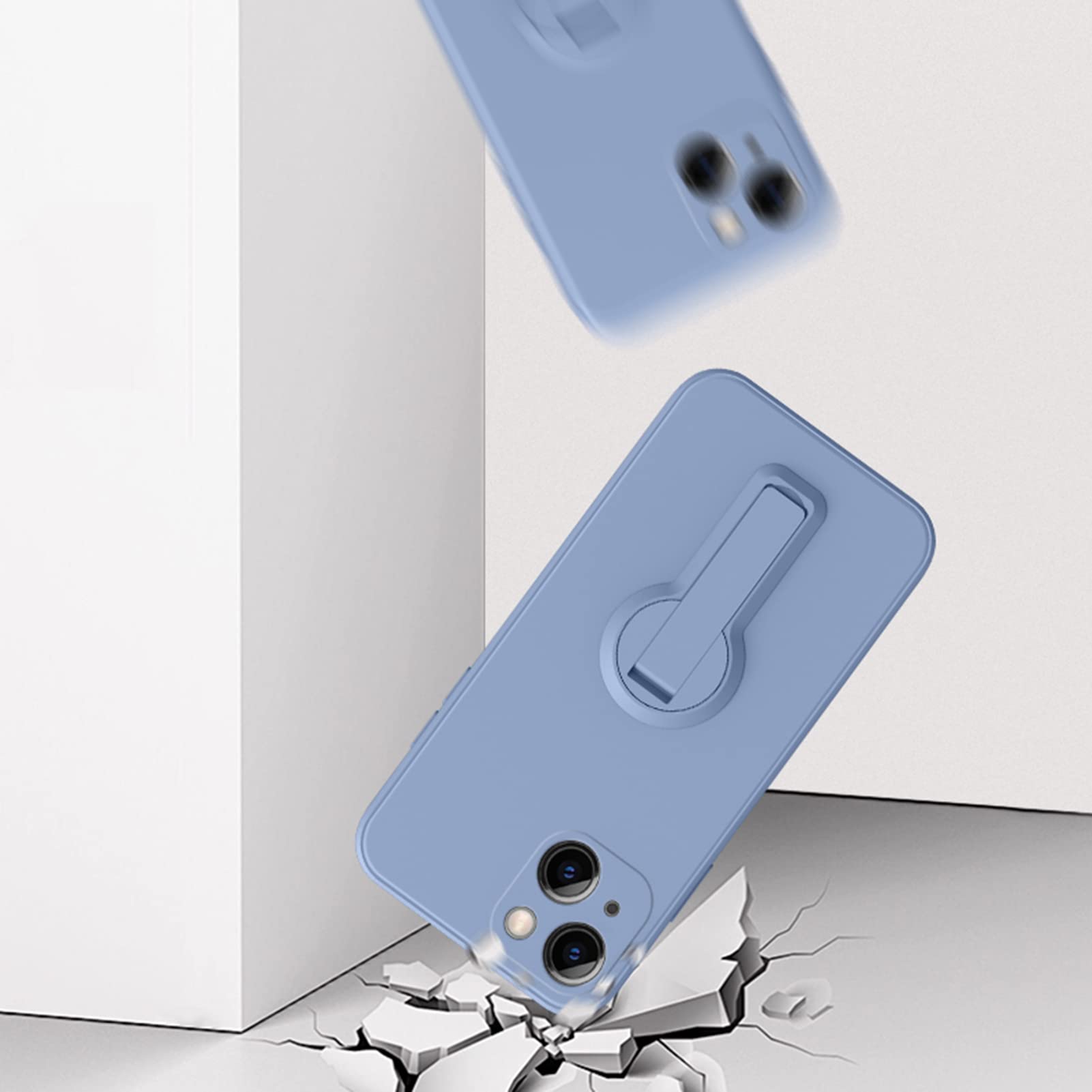 Custodia Ultra-Sottile per iPhone 14/14 Pro/14 Plus/14 PRO Max, AntiGraffio Protezione Dell'obiettivo Silicone Liquido Cover con Cordino, Piedistallo Pieghevole,Blu,14 PRO 6.1''