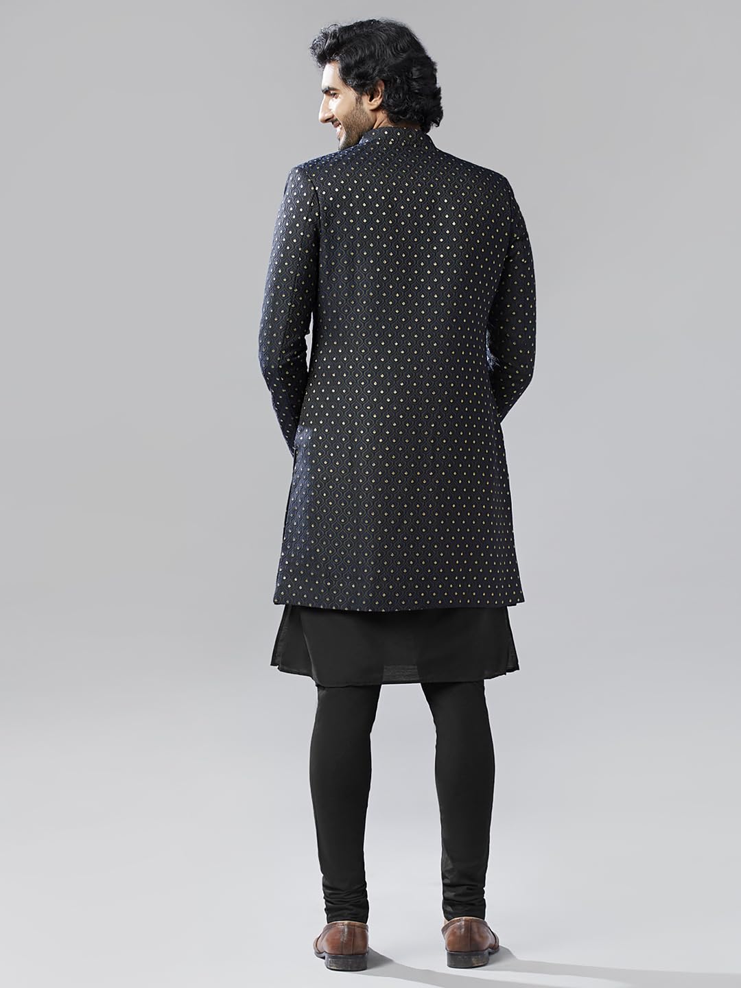 Kisah Mens Kurta Sherwani Churidar Set Silk Blend Jacquard, Indo-Western For Men, Navy Blue, 42