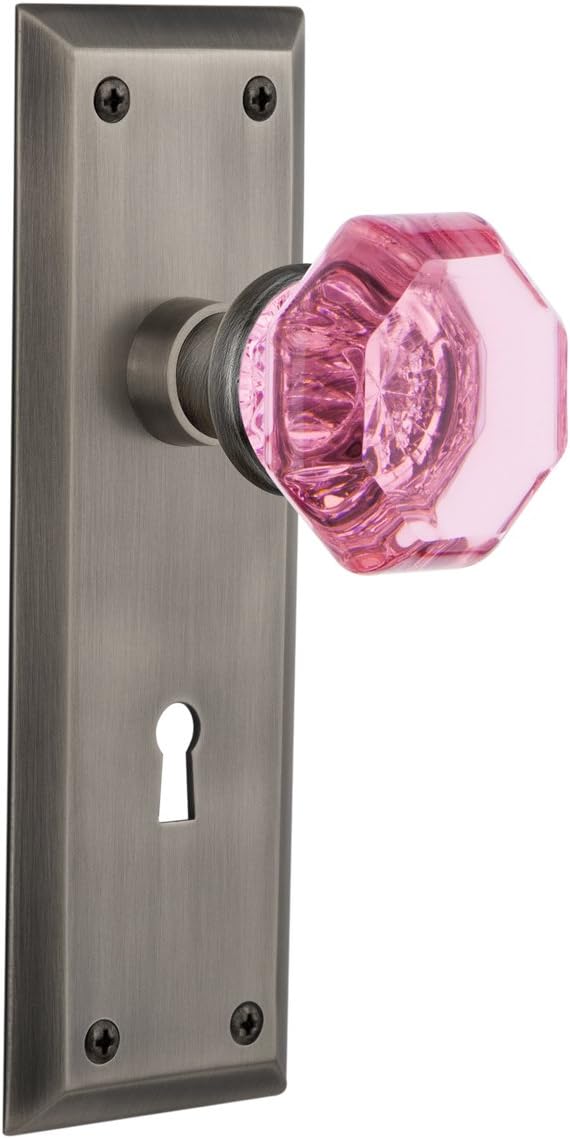 Nostalgic Warehouse 722986 New York Plate with Keyhole Single Dummy Waldorf Pink Door Knob in Unlaquered Brass