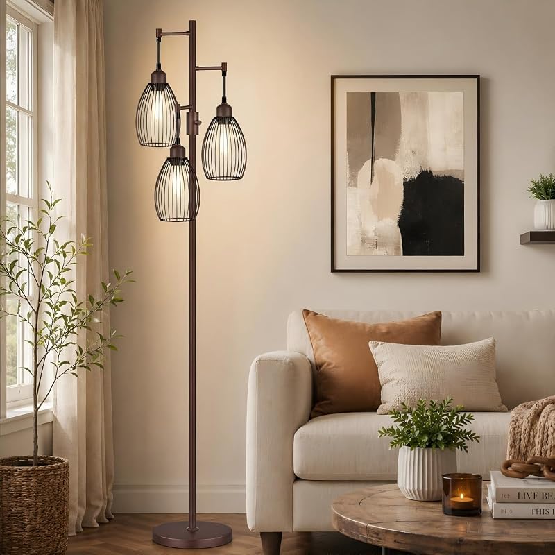 Dimmable Floor Lamp,3x800LM LED Bulbs Included, Farmhouse Industrial Floor Lamp Standing Tree Lamp with Teardrop Cage Head Tall Lamp for Living Room Bedroom Office Dining Room - Matte Brown
