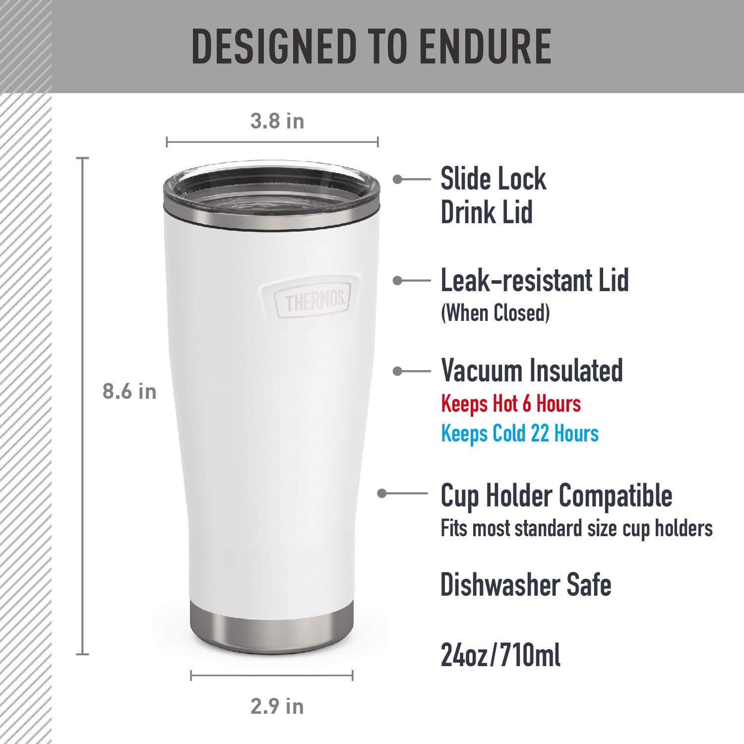 THERMOS ICON SERIES, Stainless Steel Cold Tumbler with Slide Lock, 24 Ounce, Snow - Image 7
