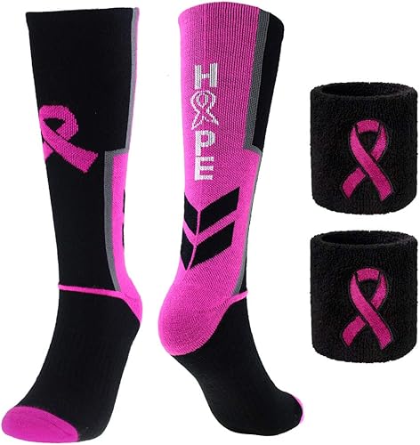 sticro Juego de calcetines y pulseras con cinta rosa para concientización del cáncer de mama
