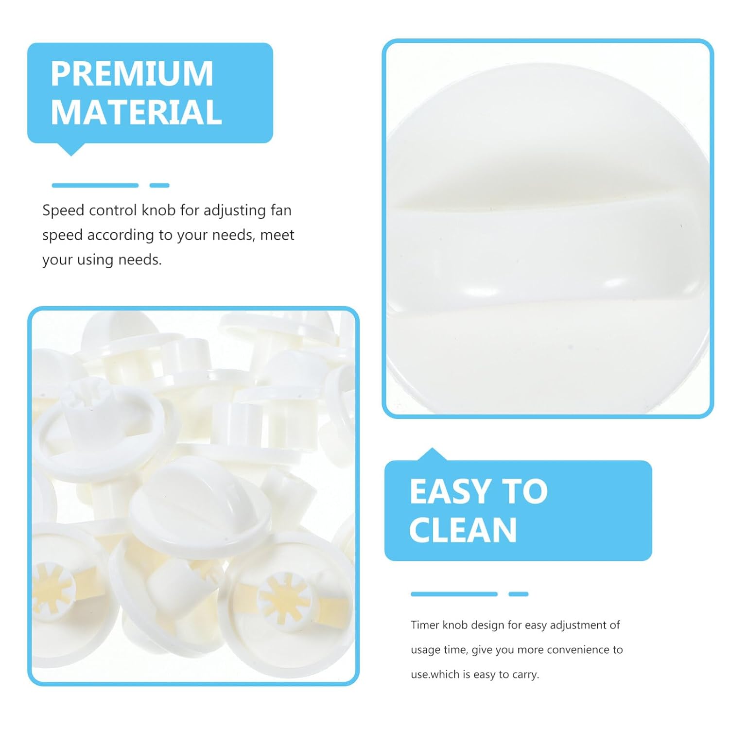 A collage showing a pile of beige fan knobs, a close-up of a single knob, and text boxes indicating 'PREMIUM MATERIAL' and 'EASY TO CLEAN'.
