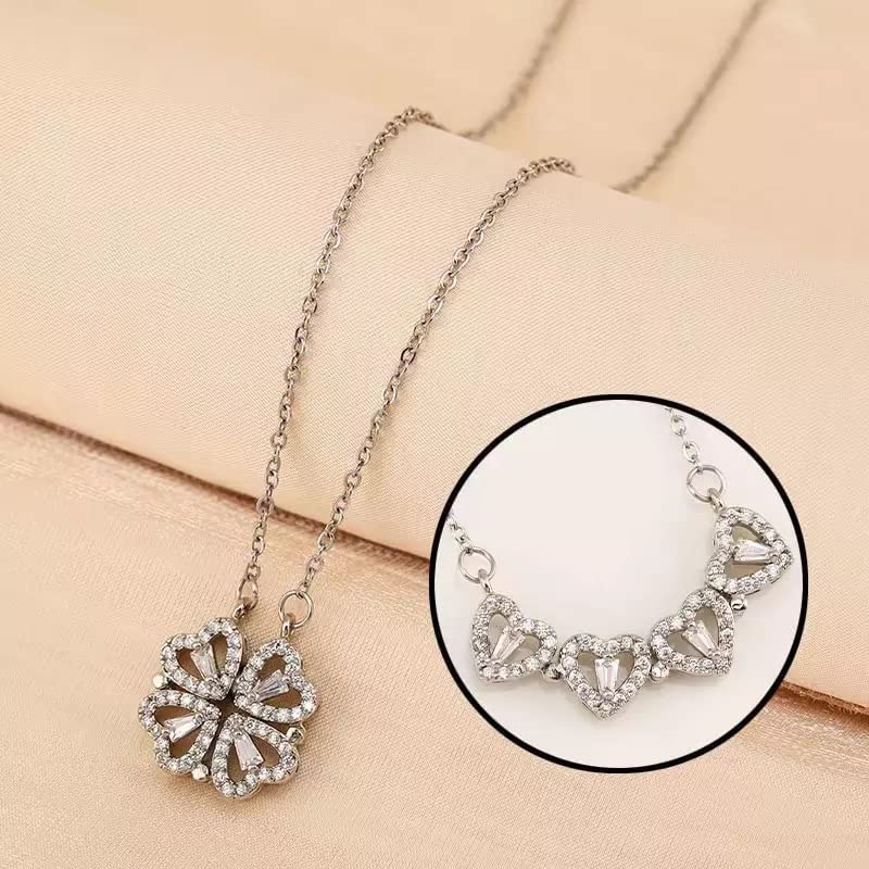Image of MEENAZ Pendant For Women Girls Ladies girlfriend Wife Jewellery Multi Heart Necklace 4 Magnetic Silver fashion set love Diamond magnet Western Pendants chain Valentine gifts Birthday propose -355
