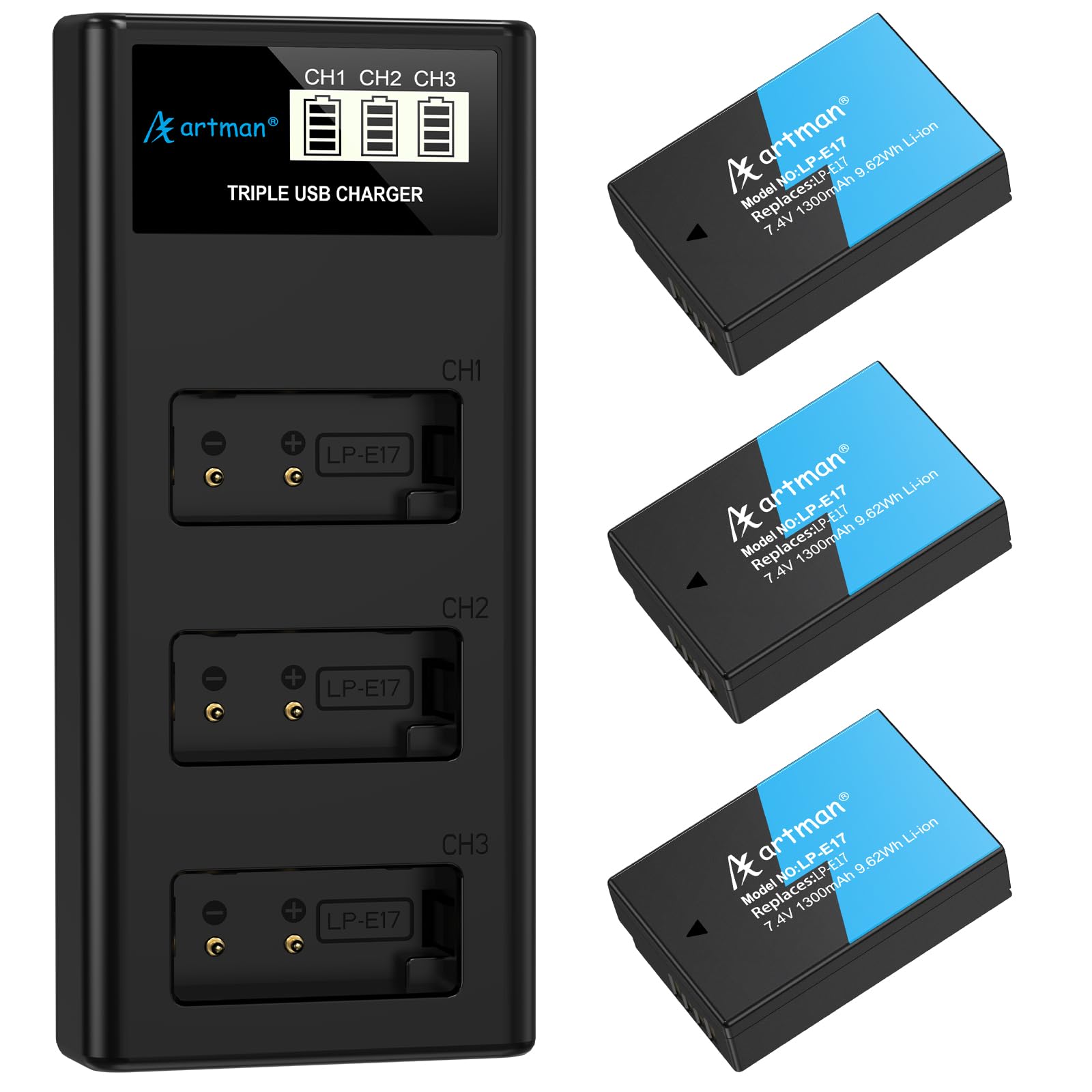 Artman LP-E17 Battery 3-Pack 1300mAh and 3-Slot LCD Charger for Canon EOS R50 R8 R10 RP R100, Rebel T8i T7i T6i T6s SL2 SL3, EOS M3 M5 M6, EOS 77D