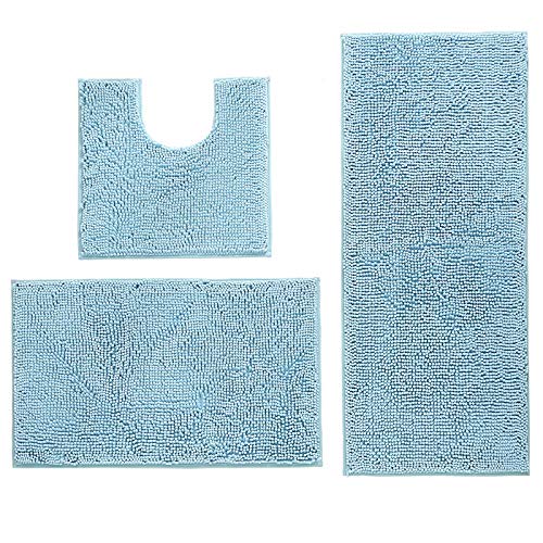 Tapis de bain absorbant en chenille bleu pour sortie de douche sécurisée et wc harmonieux