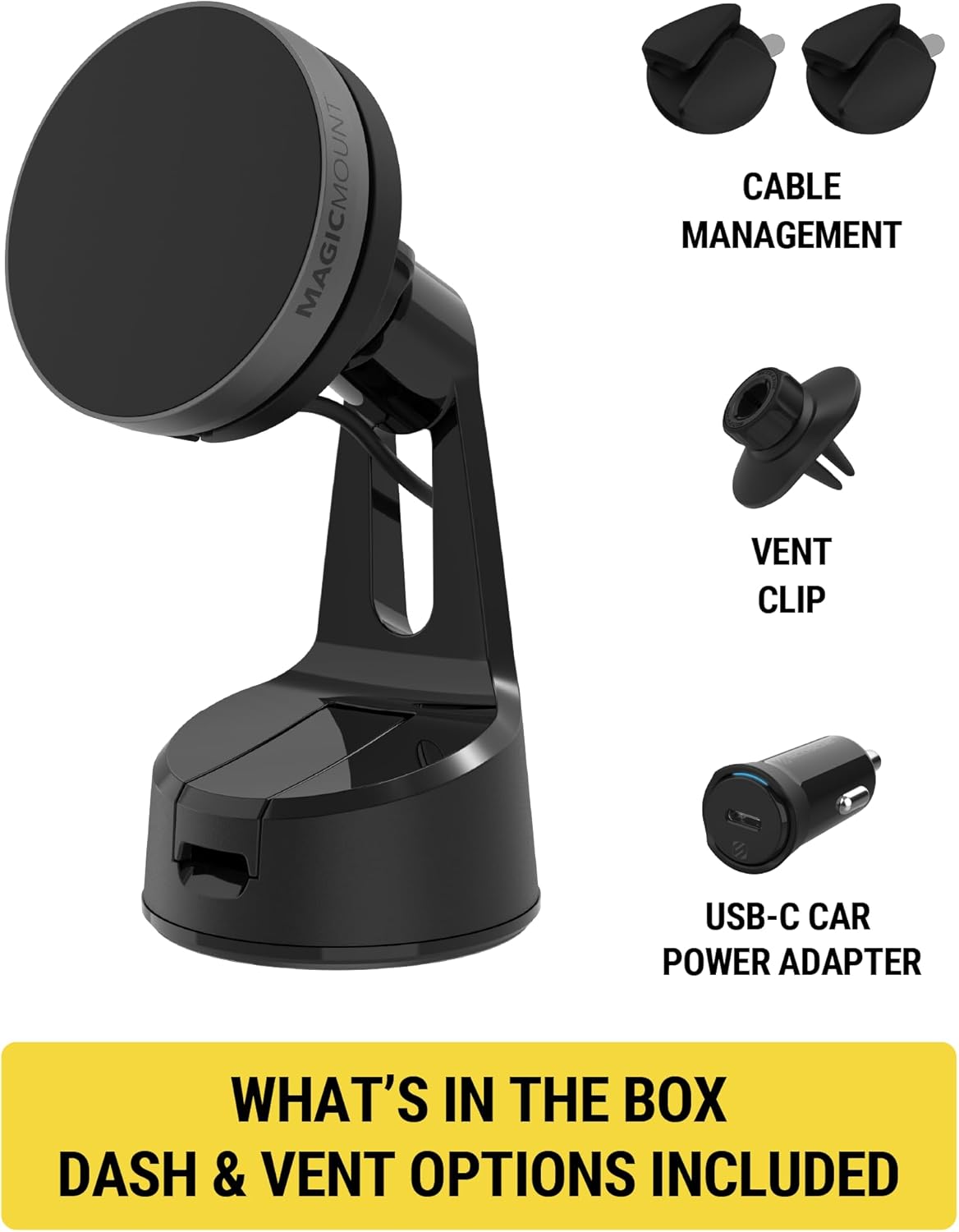 Contents of the Scosche Qi2 Wireless MagSafe Car Mount Charger package