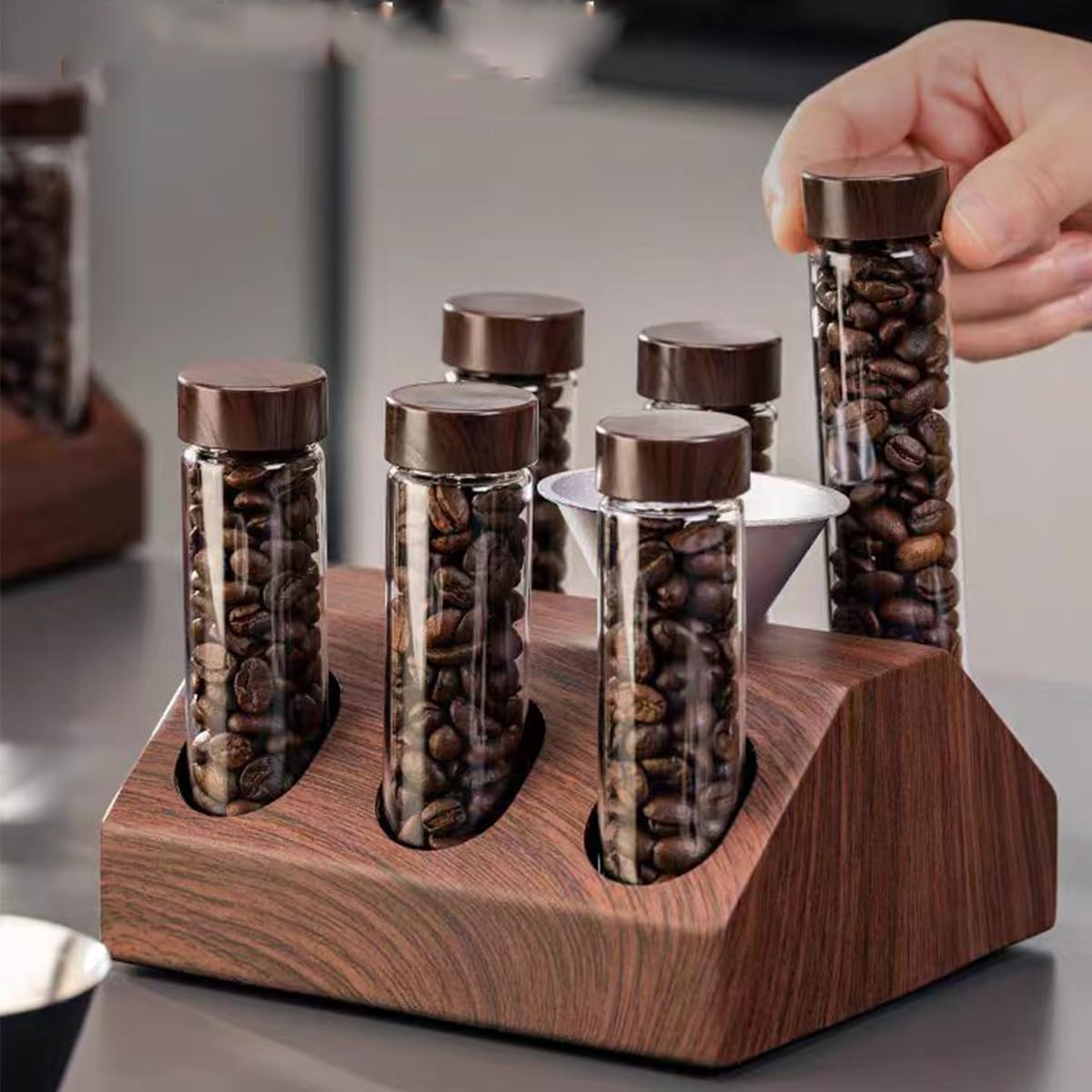 Teron 6 PCS Tubo De Ensayo De Embalaje De Granos De Café Con Base De 6 Orificios Y Embudo, Té Y Almacenamiento De Hierbas Botella De Vidrio Sellada