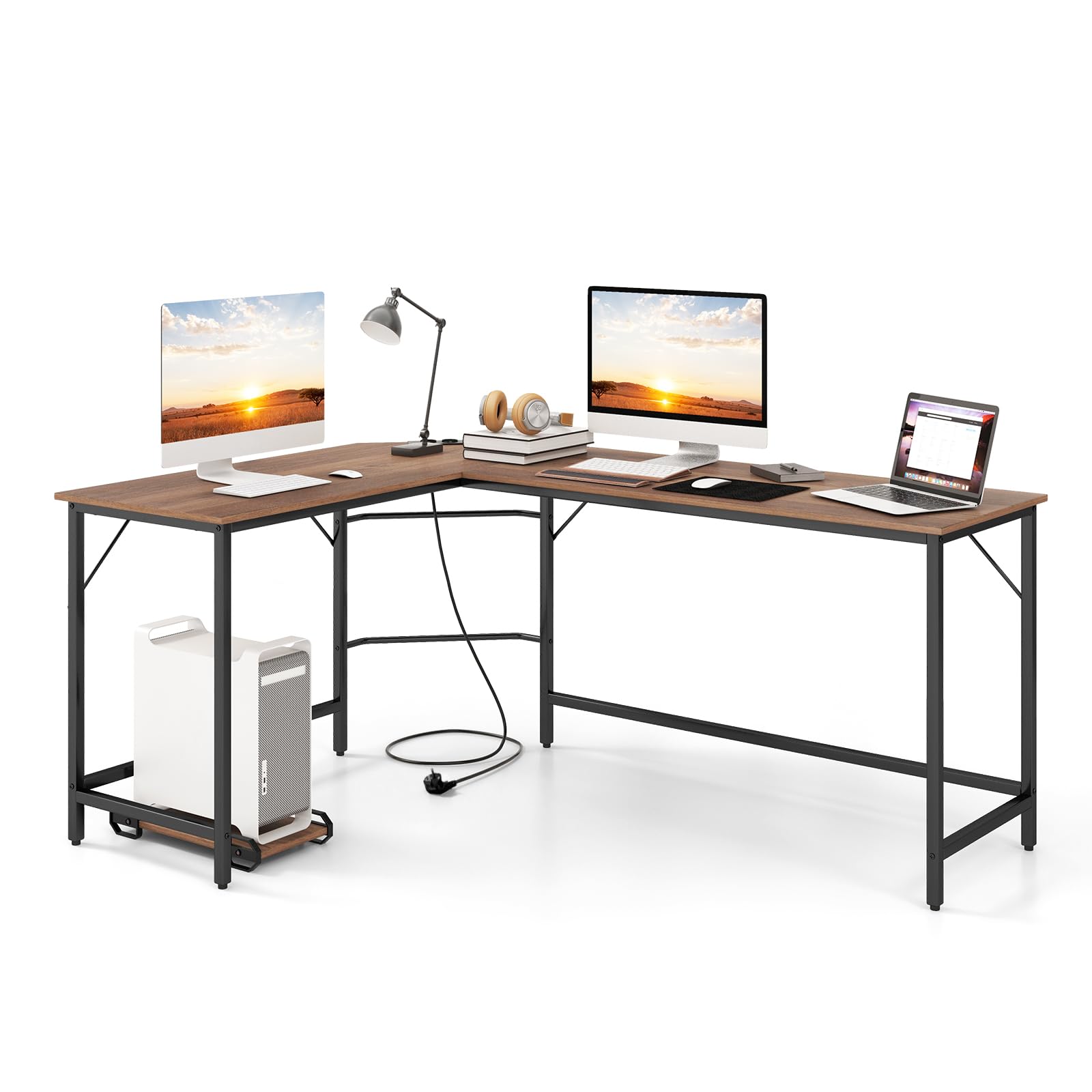 COSTWAY Escritorio Esquinero con Toma de Corriente, 168x125 cm, Escritorio en L Grande con Soporte para CPU, Marco de Metal, Mesa en L Oficina (Natural)