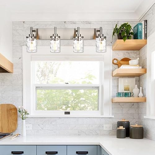 Miniatura 5 de 4 luces modernas para tocador de baño, iluminación de baño de 31 pulgadas, lámpara de pared de níquel cepillado, lámpara de pared arriba y abajo,