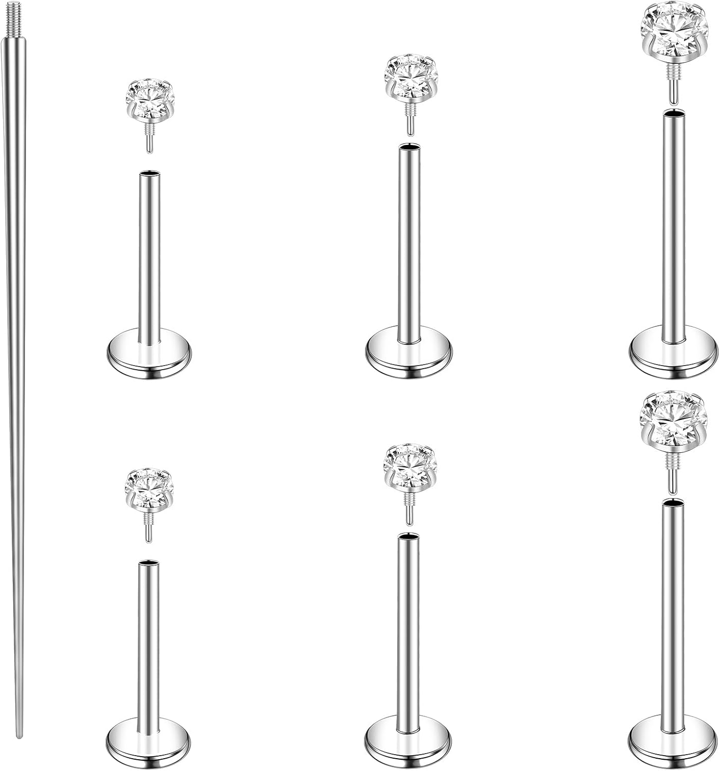 ONESING 6Pcs Flat Back Nose Stud Internal Thread Flat Back Earrings Hypoallergenic Titanium CZ Tragus Helix Cartilage Conch Nose Earrings Stud Piercing Jewelry for Women Men