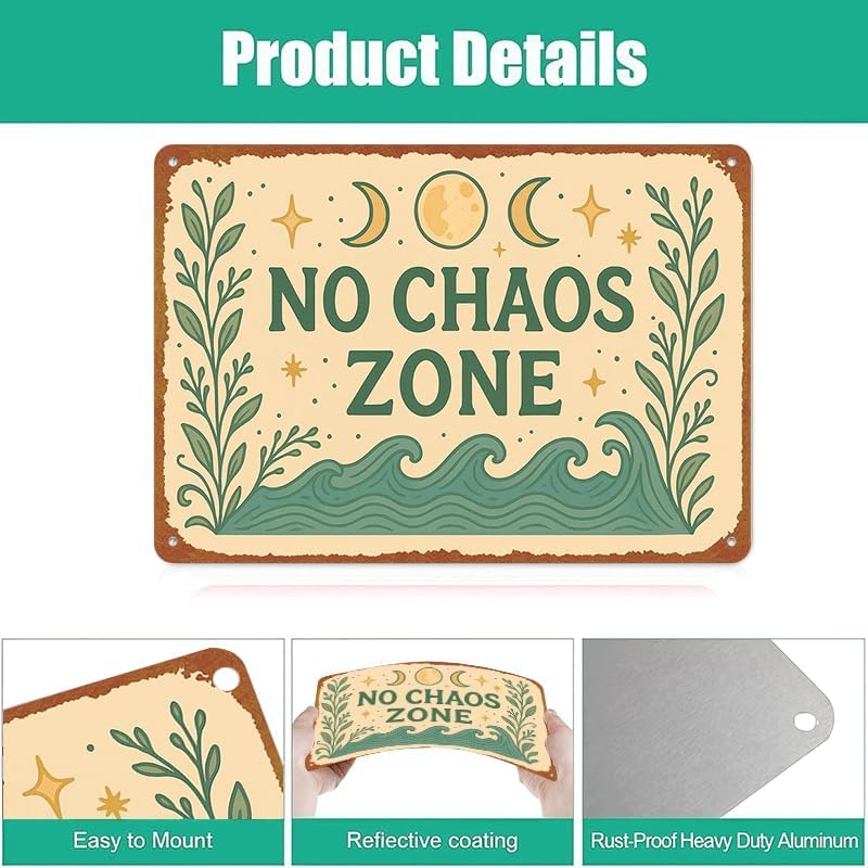 Miniatura 2 de No Chaos Zone, Peaceful Quote, Retro Design With Waves And Nature Letrero de metal divertido y peculiar creativo para decoración de pared, póster de