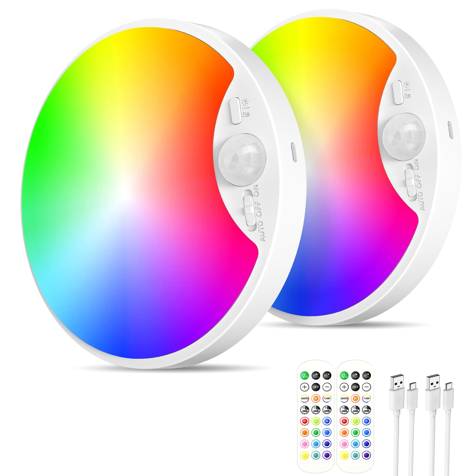Photo 1 of 2-Pack 12000mAh RGB Rechargeable Motion Sensor Ceiling Light with Remote, Battery Operated Closet Light No Wiring, Magnetic Wireless LED Ceiling Lights,3 Color Indoor Overhead Lamp for Shower Hallway