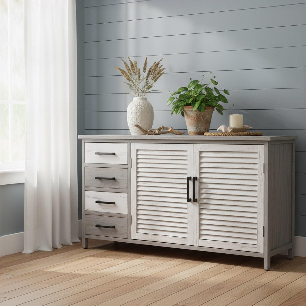 DiKasa Credenza Bicolor in Legno di Paulonia Bianco e Grigio Anticato con 4 Cassetti e 2 Ante a Persiana, Mobile Contenitore per Soggiorno Cucina Ingresso Stile Shabby Chic 128x43x66 cm
