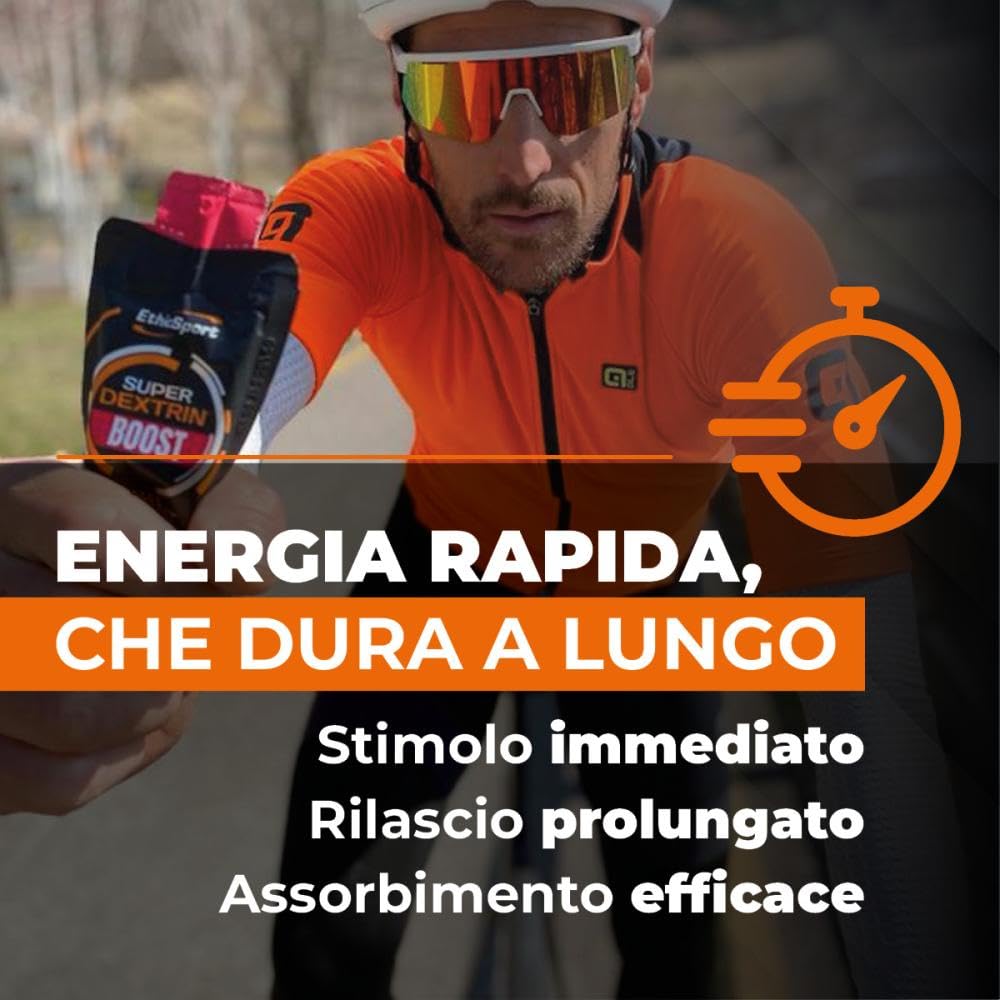 EthicSport - Super Dextrin Boost - Confezione da 20 x 30 ml - Gusto: Arancio - Integratore alimenare energetico con carboidrati di nuova generazione, Beta-Alanina, BCAA, Glutammina.