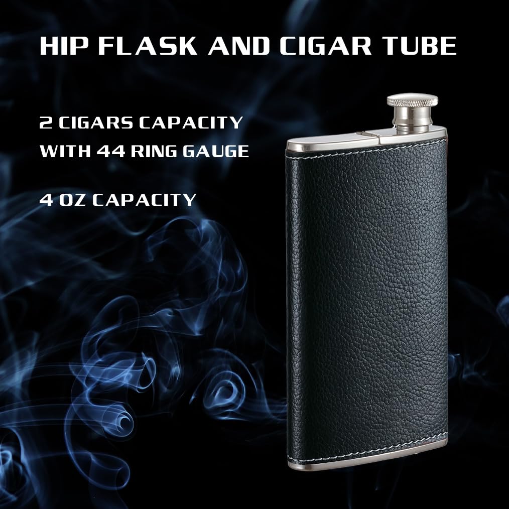 Visol Products VF2041BK Edian Stainless Steel Flask with Built-in Cigar Leather Case, 4 oz, Black