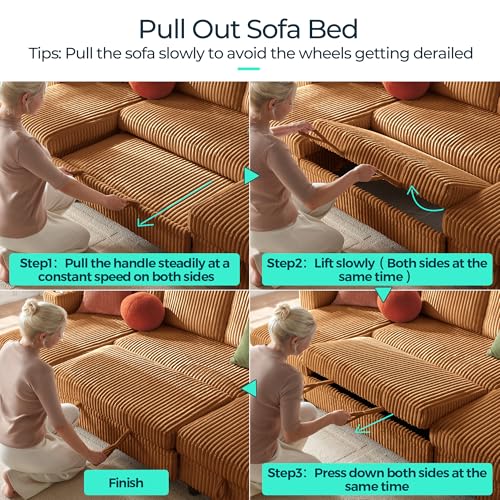 Image of LINSY HOME Sectional Sleeper Sofa with Pull Out Couch Bed - Convertible Plush Corduroy Cloud Couch with Storage Chaise & USB Charging, Comfy U Shaped Modular Couches for Living Room, Brown