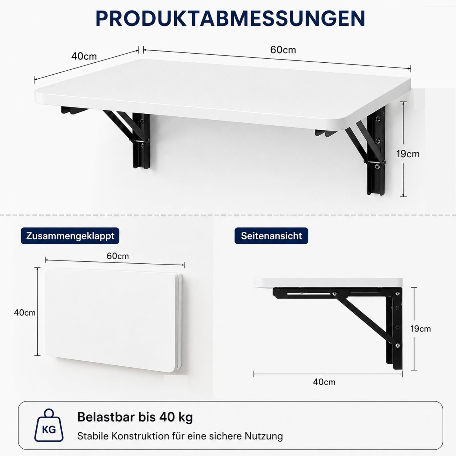 Wandklapptisch 60x40 cm Weiß, Klapptisch Wandmontage, 40 kg | Platzsparender Klapptisch aus Holzwerkstoff und Stahl, ideal als Esstisch, Schreibtisch oder Küchentisch.