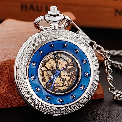 Image of Classic Silver Mechanical Pocket Watch, Roman Numerals Silver Pocket Watch with Chain Box for Men