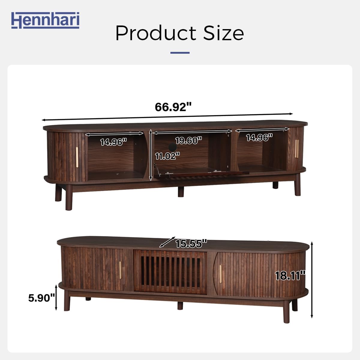 Fluted TV Stand with Sliding Tambour Door, Modern Entertainment Center with Storage Cabinet and Drawers for Living Room, Mid Century Media Console Table for TVs up to 80 Inch (Dark Brown, 67”)