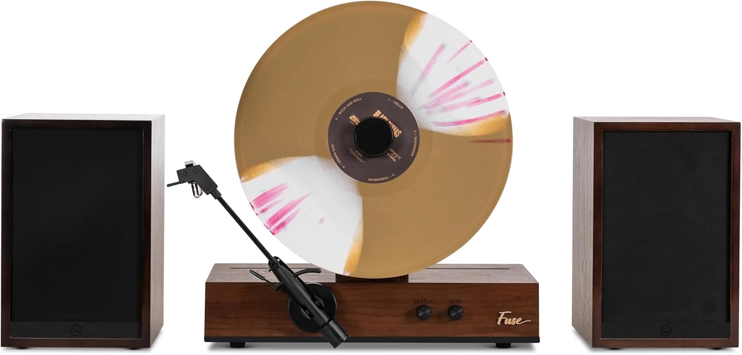 Fuse GLD Vertical Vinyl Record Player with Speakers | Black Trim | 5.3 Bluetooth | Full Range External Speakers | Premium Cartridge | Vintage Mid Century Modern | Handcrafted Ashtree Wood