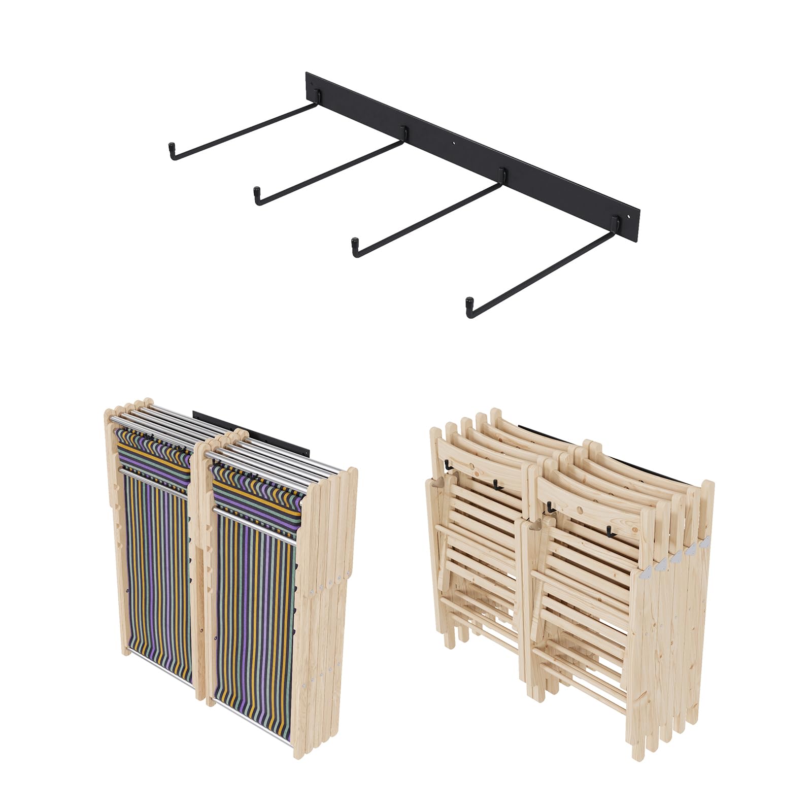QLS Doppel Wandhalterung für 20 Klappstühle Stahl 35,5x80x6 cm Schwarz | Pulverbeschichtete Konstruktion zum Anschrauben mit Montagesatz für platzsparende Aufbewahrung von bis zu 20 Klappstühlen
