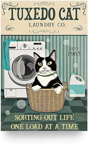 Esmoquin Cat Laundry - Letrero de metal retro de lata, Sorting Out Life One Load at A Time, decoración de pared de metal de aluminio, letrero retro