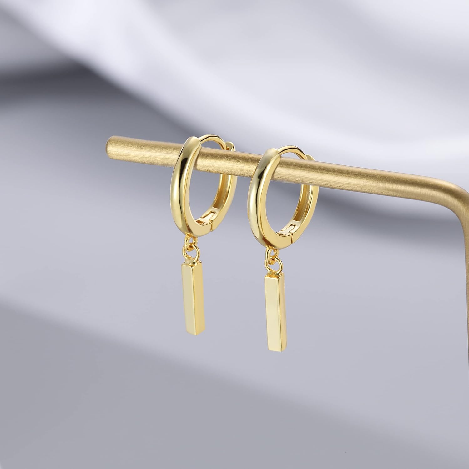 Reffeer Solid 925 Sterling Silver Bar Drop Hoop Earrings for Women Teen Girls Minimalist Bar Hoop Earrings Huggie