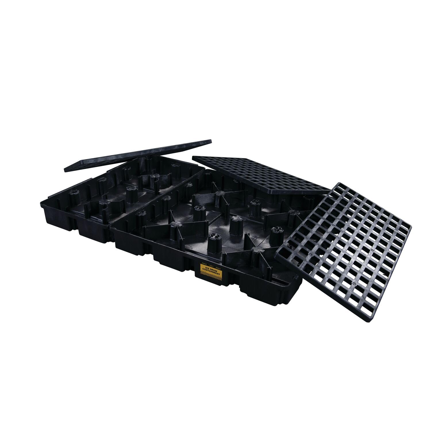 Eagle 6 Drum Spill Platform with Drain and Forklift Pockets, 78.25"x51.5"x6.5", 88 Gallon Sump, 10,000 lbs. Load Capacity Containment Tray, Made in USA, Black, 1686D