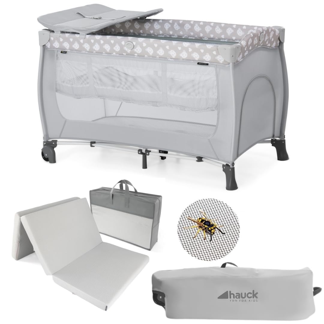 hauck Sleep n Play Center Baby Reisebett Set - Teddy Grey | inkl. Matratze & Insektenschutz | Kinderreisebett mit Neugeboreneneinhang, Wickelauflage & Tasche