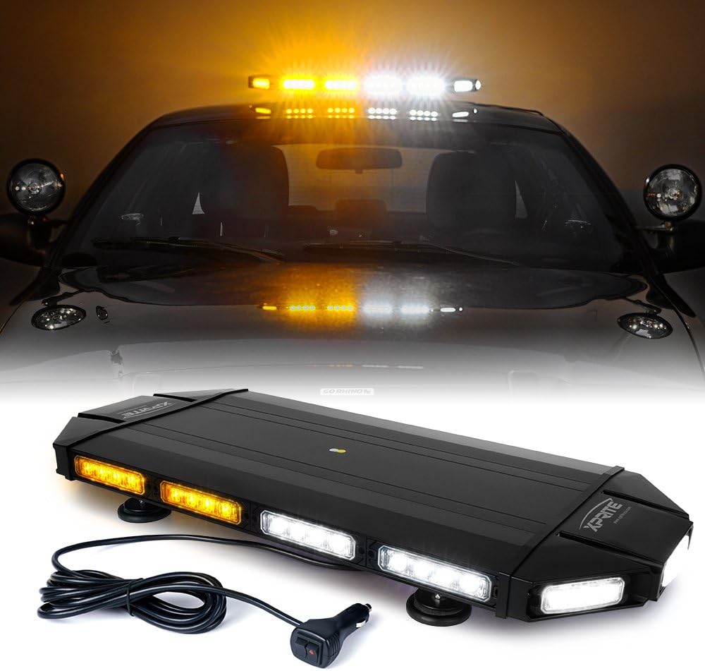 xprite 27" white & amber led emergency rooftop strobe light bar, magnetic-mounted strobe lights for trucks, high-intensity warning beacon for tow, construction, snowplow, patrol vehicles white amber 27 inch
