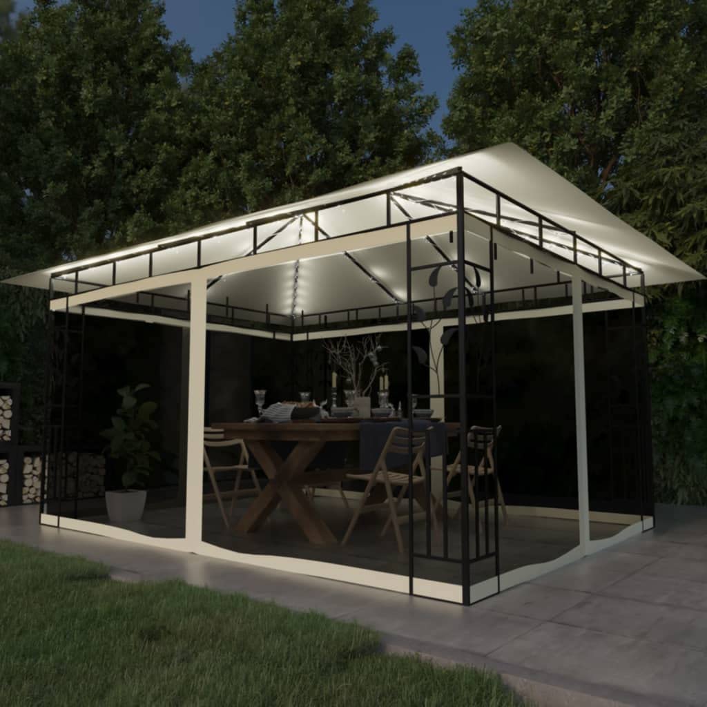 Willood Garten Pavillon mit Moskitonetz & LED-Lichterkette 4x3x2,73m Cremeweiß