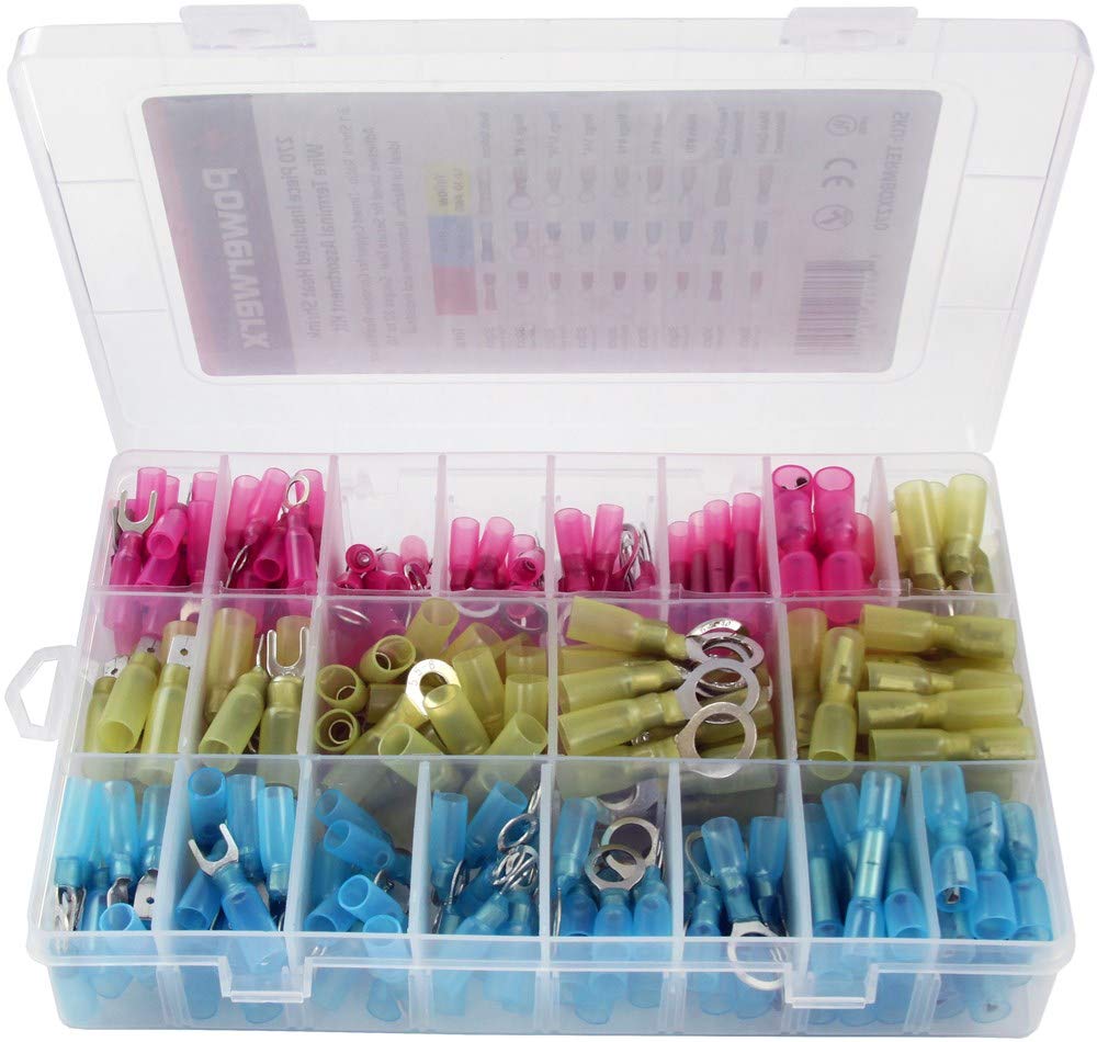 Powerwerx TERMBOX270 Heat Shrink Wire Terminal Connector Kit, 270 Piece Assortment of Waterproof Electrical Crimp Connectors