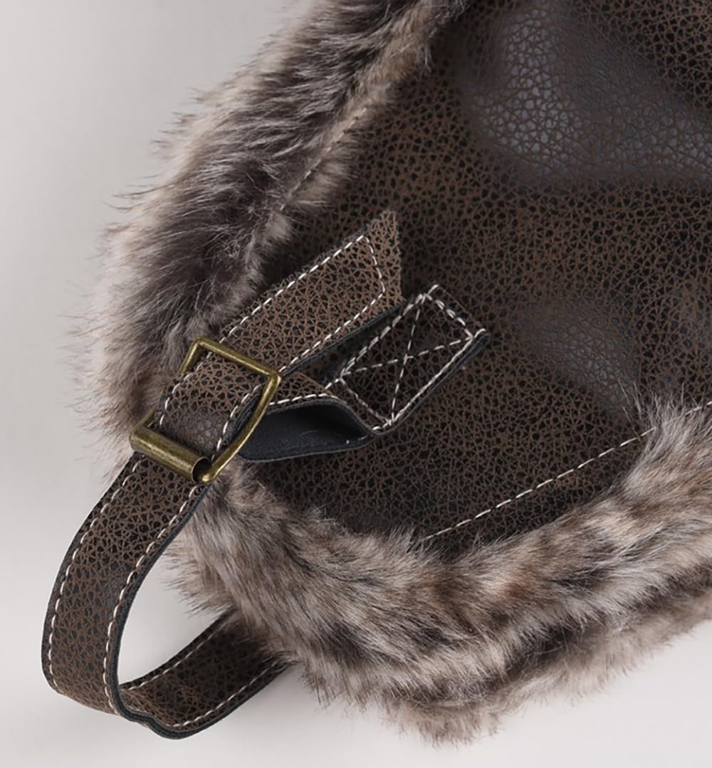 JIAHG Chapka Homme Hiver en Cuir Simili Chapeau d'aviateur Classique Bonnet de Trappeur Coupe-Vent Anti Froid Cagoule avec Oreillettes Peluche Épais Doux Chaud