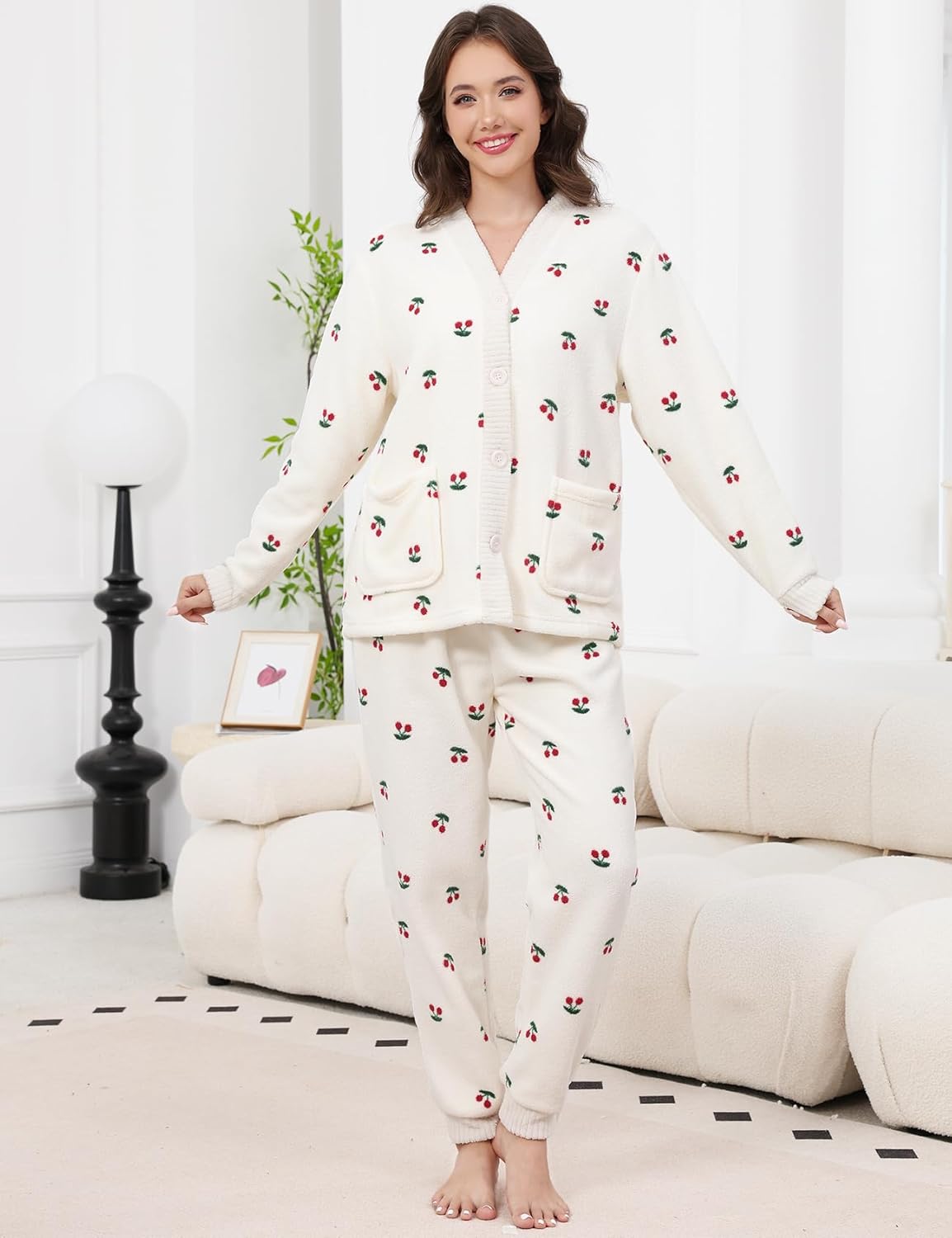 Gihuo Fleece Pajamas for Women Set Fuzzy Warm 2 Piece Winter Sleepwear Soft Cozy Pjs with Pockets - Image 2