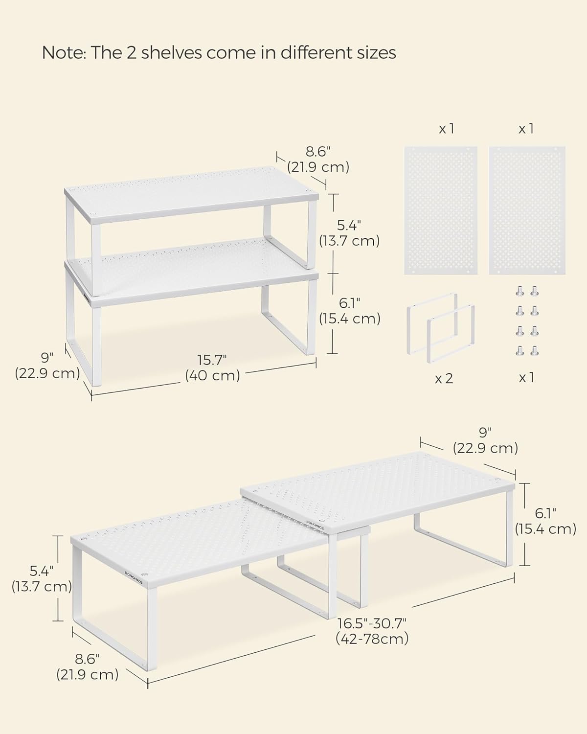 SONGMICS Spice Racks, Set of 2 Metal Cabinet Shelf Organizers, Countertop Organizers, Shelf Risers, Stackable, Expandable, White UKCS401W01 - Image 6