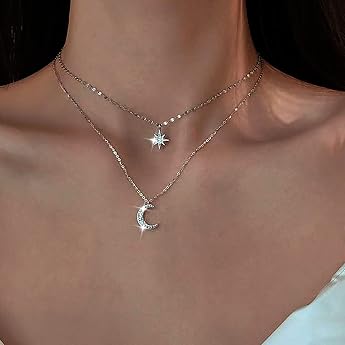 Boho Layered CZ Moon Star Choker Necklace Silver North Star Pendant Starburst Rhinestone Jewellery for Women and Teenagers Girls