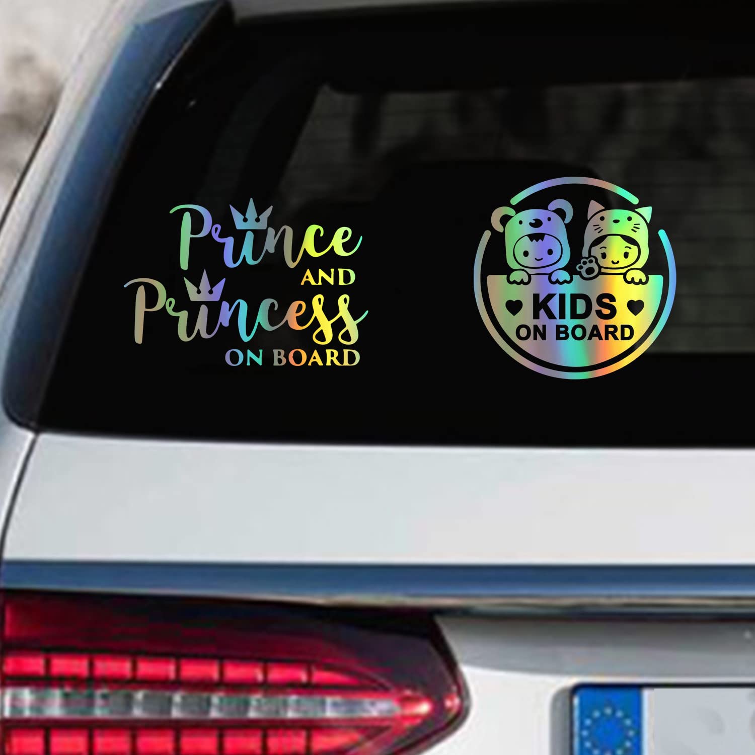 Leniutor 2Pcs Cute Kids On Board Vinyl Sticker for Car, Prince and Princess On Board Car Decal Baby Kids in Car Safety Sign for Car Rear Window Bumper Decor (Holographic Silver)