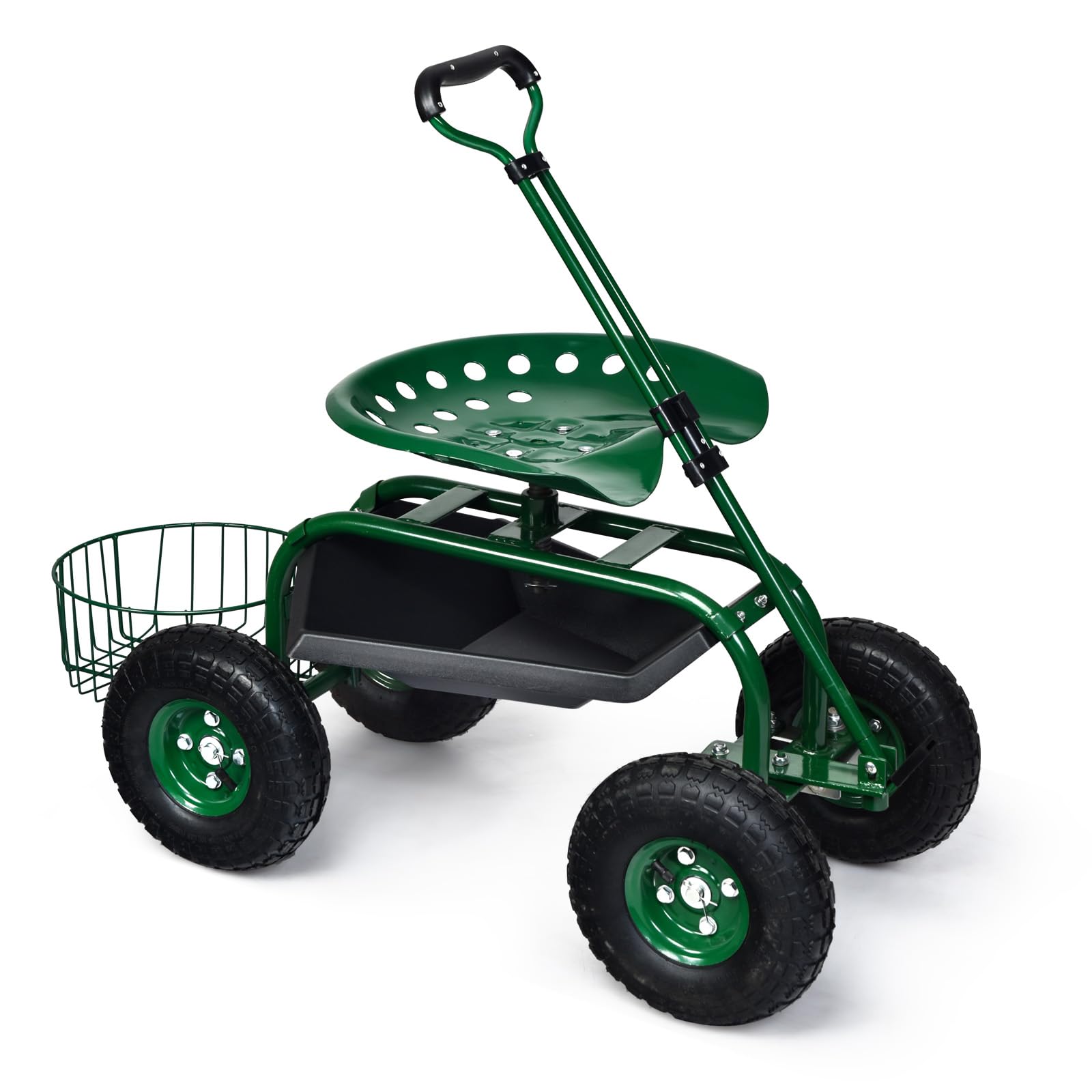 GOPLUS Siège de Jardin Roulant avec 2 Plateau à Outils, Poignée Ronde Extensible, Panier de Rangement, Siège Hauteur Réglable 45,5-54,5cm avec 4 Roues en Caoutchouc, Vert (avec Poignée)