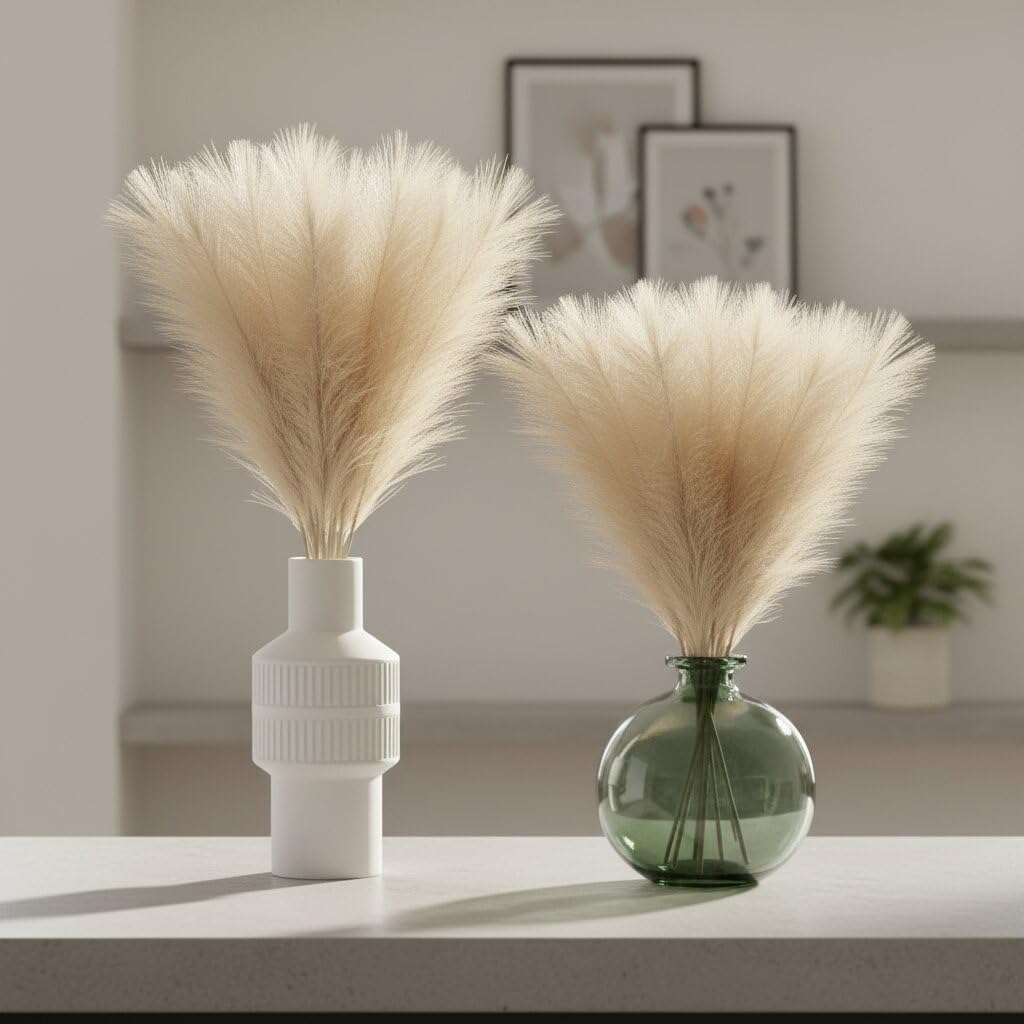 Pampas Grass Dried Bouquet 17.7 Inch Natural Beige, Soft Fluffy Reed Stems for Vase Decoration, Boho Home Decor, Wedding Centerpiece, Room Decor Styling Set of 3 Pcs - Cream.-picture-26