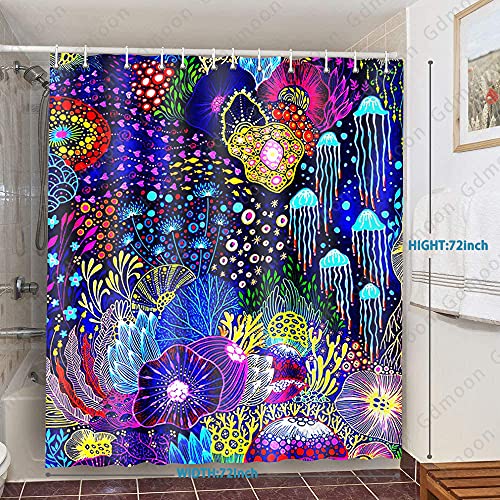 Gdmoon Psychedelic Jellyfish Shower Curtain Underwater World Creature Coral Shell Tropical Plant Bohemian Flower Nature Colorful Art Abstract Bathroom Curtain Set With 12 Hooks 72X72In Yllmgd993 #TOP1