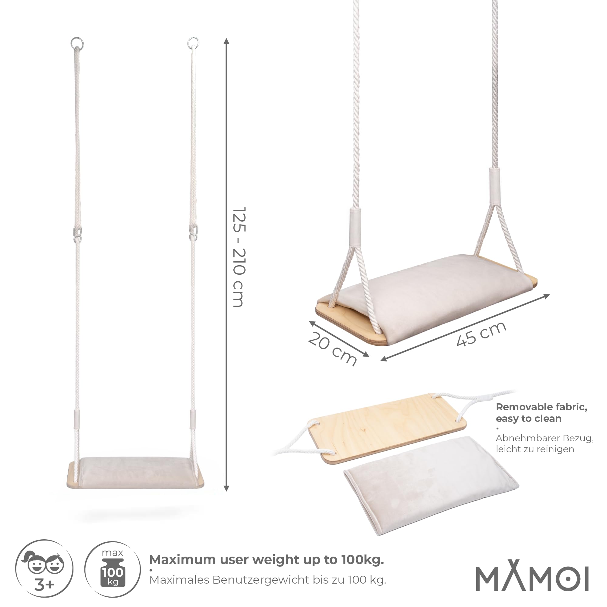 MAMOI® Holzschaukel mit Velvet-Kissen, Holzsitz für den Innen- und Außenbereich, verstellbare Baumwollseile, bis 100 kg, Made in EU