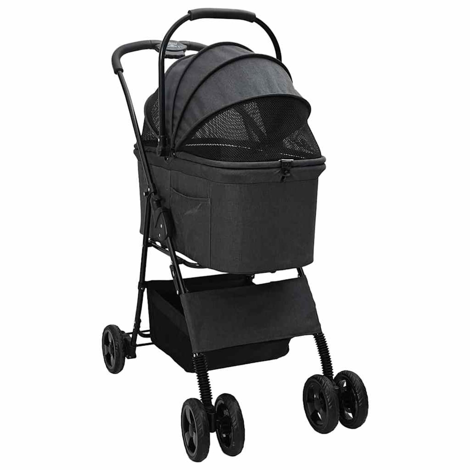 Passeggino per Animali Domestici Pieghevole, Blu, Poliestere, Telaio Acciaio, Ruote Anteriori Girevoli, Peso Max 25 kg, Tasche Laterali, Cestino Inferiore, Chiusura a Pedale